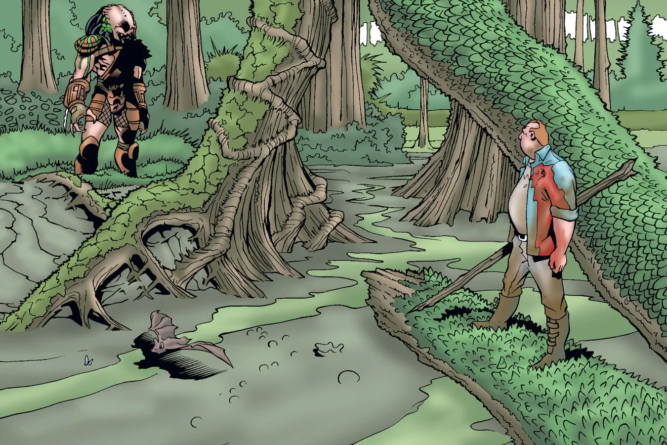 The Predator facing LeBlanc across a muddy creek between fallen cypress trunks, with LeBlanc holding a wooden stake and his shoulder bloodied