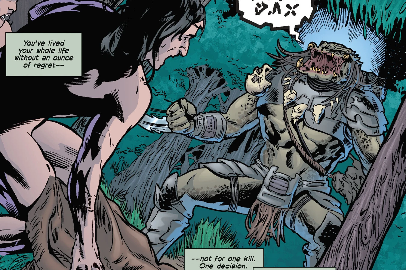 An armored Predator stands roaring before Royce and Isabelle after leaving a bundle of human-sized hunter gear