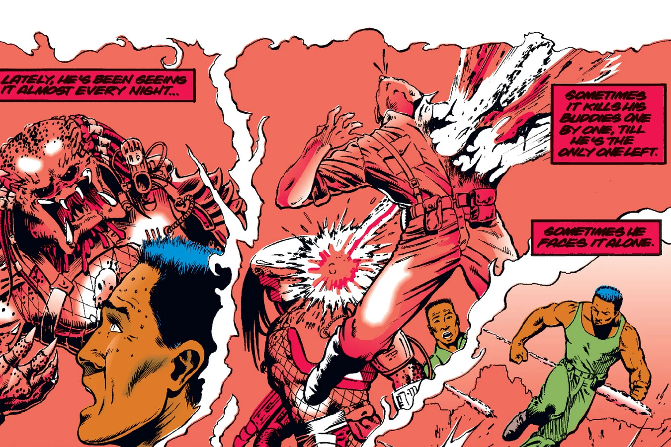 In a red-tinted nightmare, the Predator looms over Enoch Nakai while another soldier runs as the hunter is hit by a blast in Predator: Blood on Two-Witch Mesa