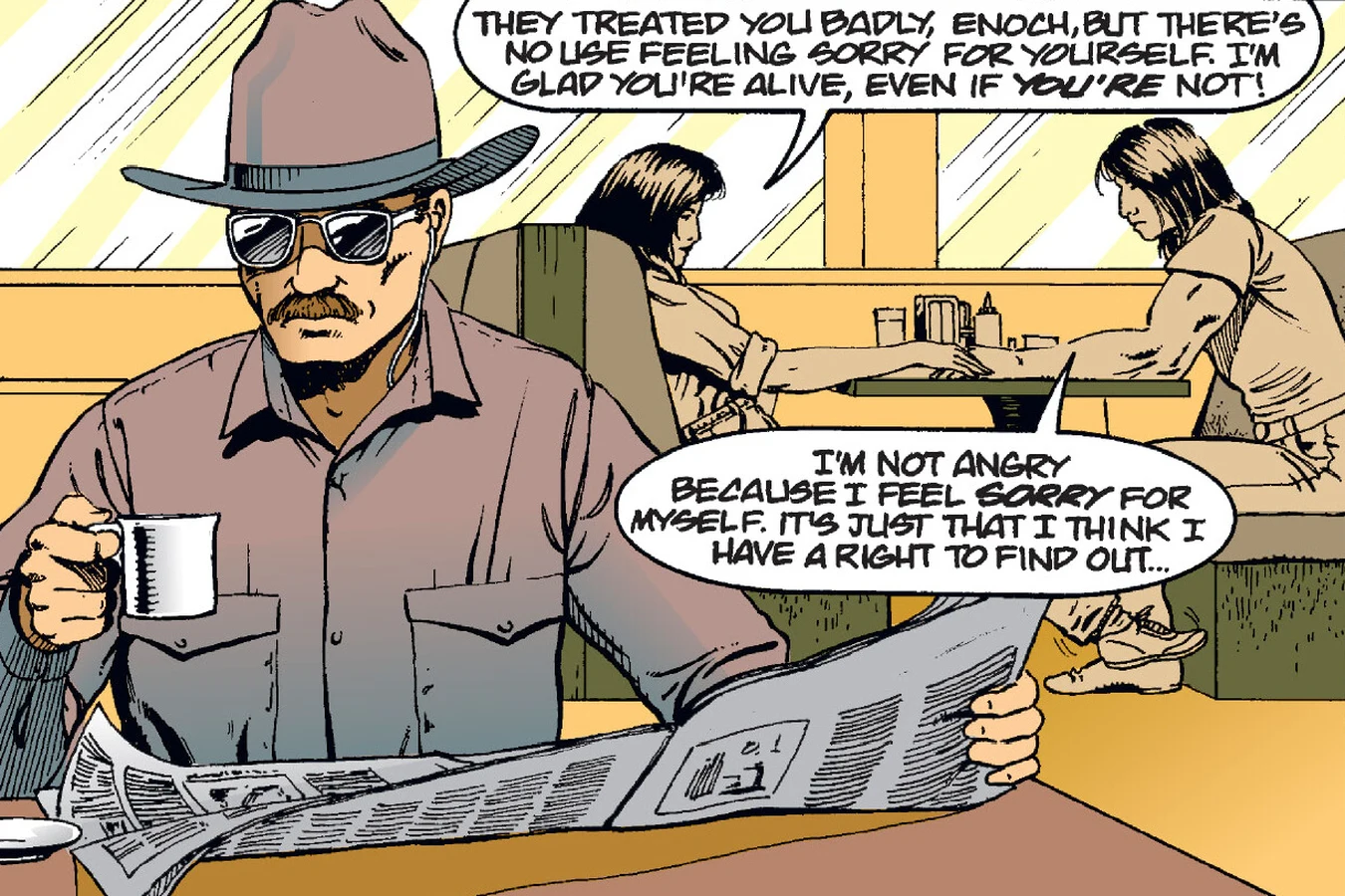 A man in a cowboy hat and sunglasses reads a newspaper over coffee and listens as Enoch Nakai talks with Alda in a diner booth