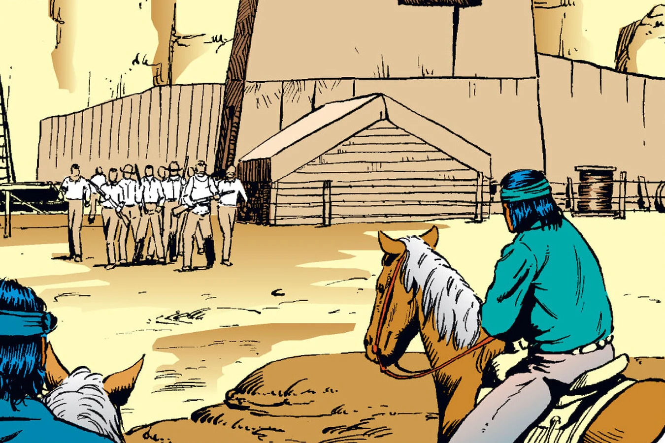 Navajo riders face a line of armed guards in front of the oil derrick at the Two-Witch Mesa drilling camp
