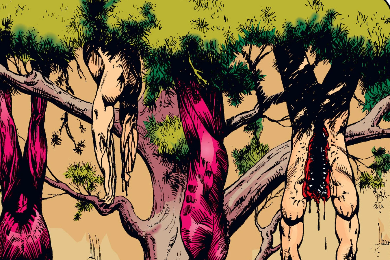The skinned and gutted bodies of the oil camp guards hang upside down from a tree in Predator: Blood on Two-Witch Mesa