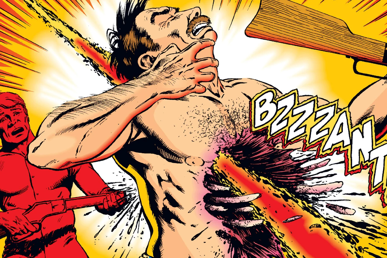 A red plasma bolt tears through the chest of a shirtless oilman as he drops his rifle during the dawn gunfight on Two-Witch Mesa