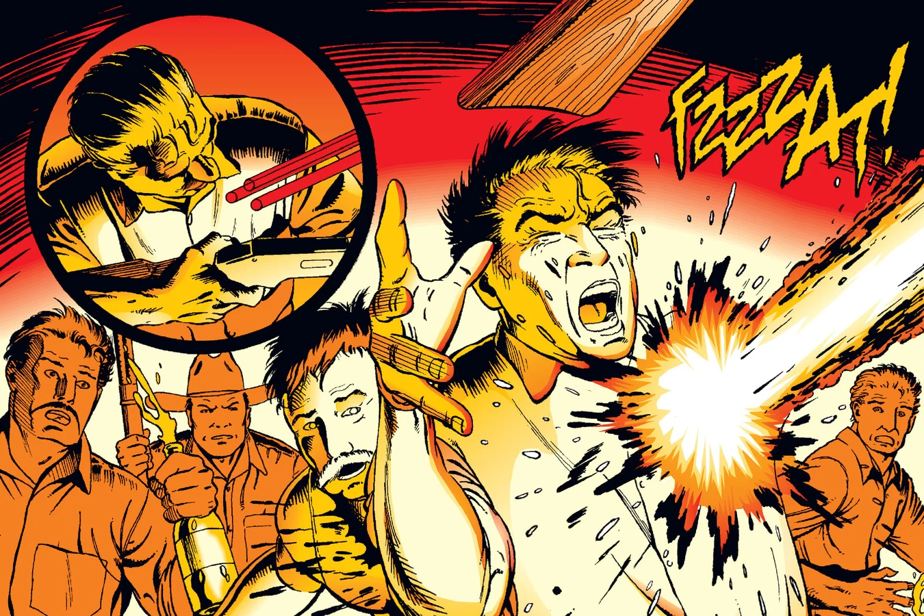 A drunken oil guard is struck by a Predator plasma bolt while an inset shows the red laser sight on his chest in Predator: Blood on Two-Witch Mesa