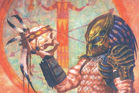 Brom's painting of a Predator holding a feathered skull before a Navajo sand painting, from Predator: Blood on Two-Witch Mesa