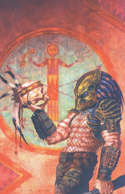 Brom's cover for Dark Horse Comics #20 (April 1994), with a Predator holding a feathered skull before a Navajo sand painting