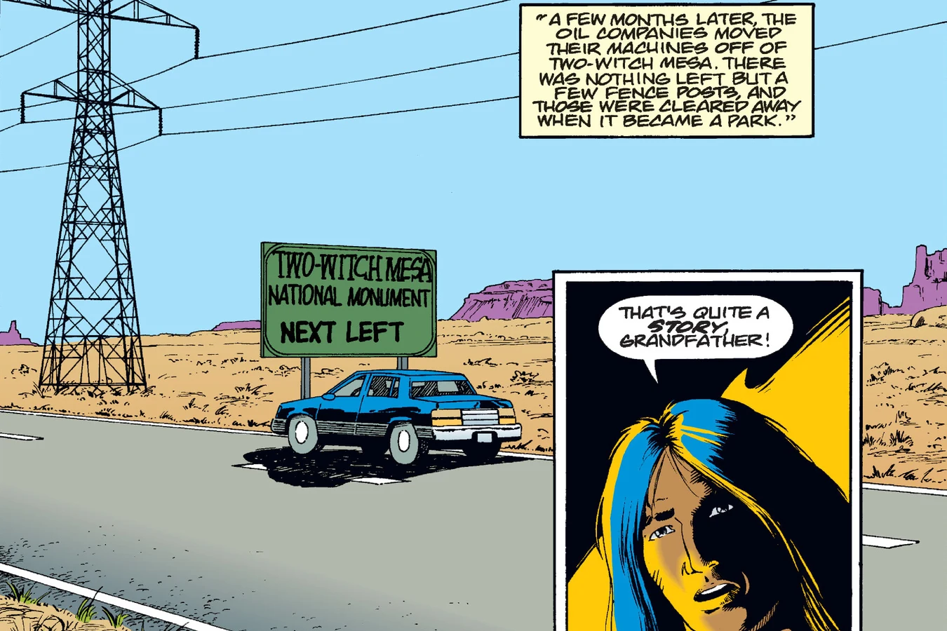 A car passes a power line pylon and a roadside sign reading Two-Witch Mesa National Monument, Next Left, under a caption about the oil companies leaving, beside an inset of Enoch Nakai telling his grandfather it was quite a story