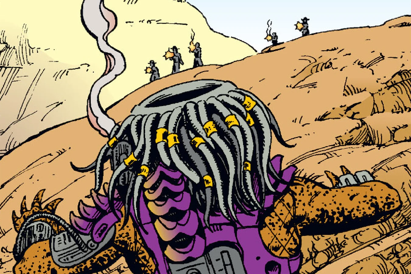 The dreadlocked Predator crouches on the slope as the sheriff's men fire down at it from the hillside