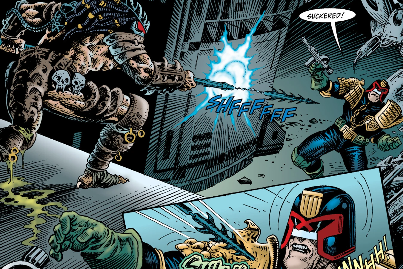 The Predator firing a barbed harpoon on a cable from a handheld launcher at Judge Dredd in the zoom shed, with the harpoon striking Dredd's shoulder in the panel below