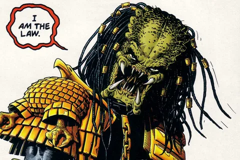 Brian Bolland's cover for Predator vs. Judge Dredd #1, a Predator wearing Judge Dredd's uniform and badge with the words I am the law