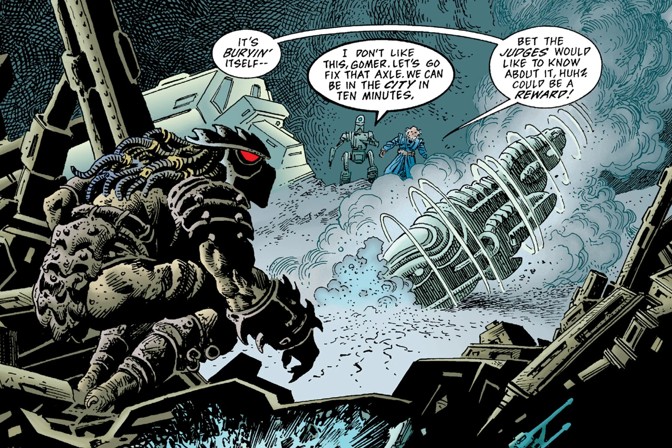 The Predator crouched in the wreckage outside Mega-City One, watching its pod drill into the ground as Gomer and his robot Ben look on