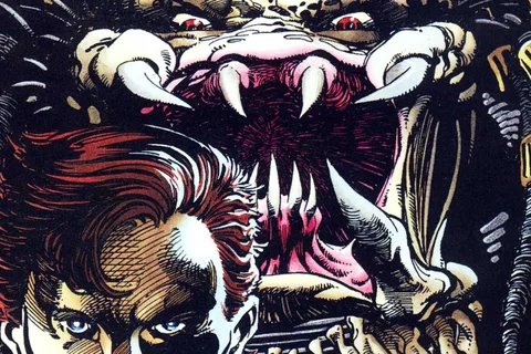 Barry Windsor-Smith's cover for Predator vs. Magnus Robot Fighter #1, Magnus in front of the open jaws of an unmasked Predator