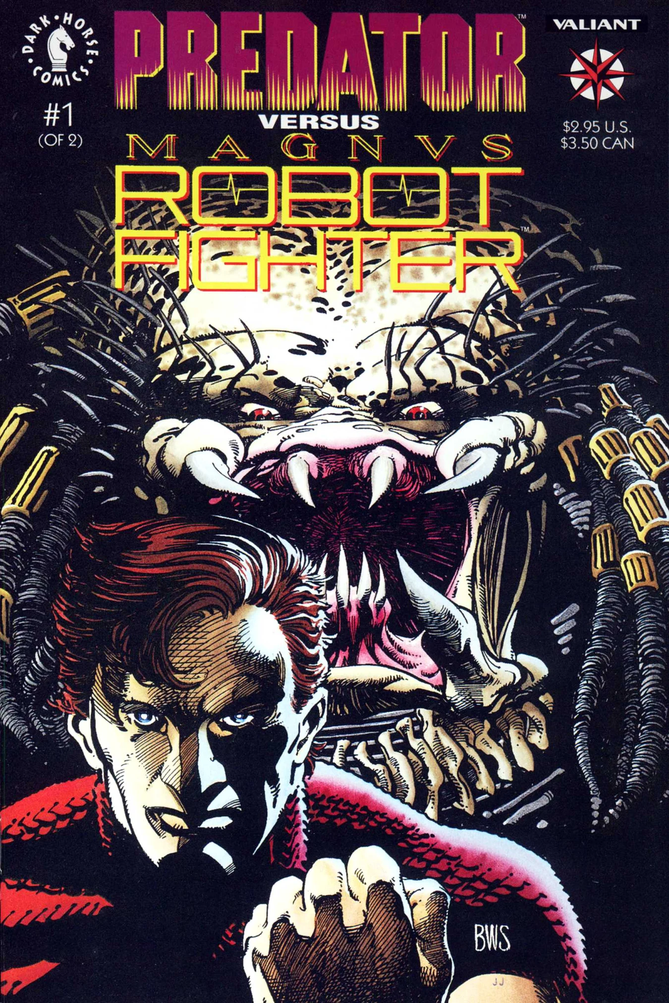 Barry Windsor-Smith's cover for Predator vs. Magnus Robot Fighter #1, Magnus in front of the open jaws of an unmasked Predator