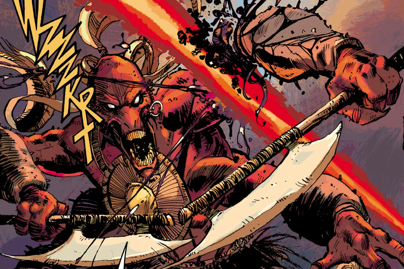 Ahab Predator fighting red-skinned tribal humanoids in Predator Fire and Stone