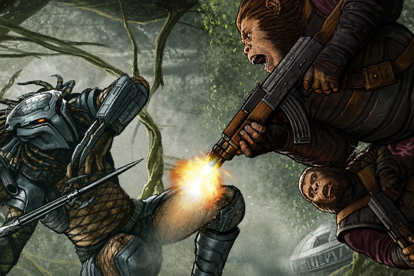 Ape soldiers firing on a leaping Predator on the Planet of the Apes