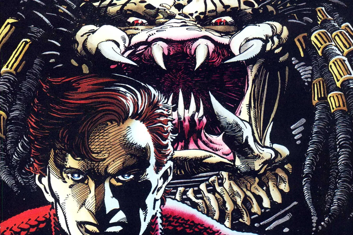 Predator vs. Magnus Robot Fighter comic cover set in the year 4001