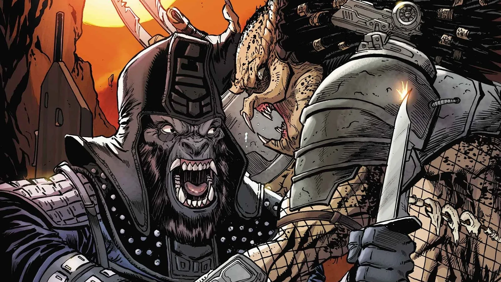 Predator vs. the Planet of the Apes comic cover art with a Yautja facing ape soldiers