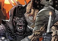 Predator vs. the Planet of the Apes comic cover art with a Yautja facing ape soldiers