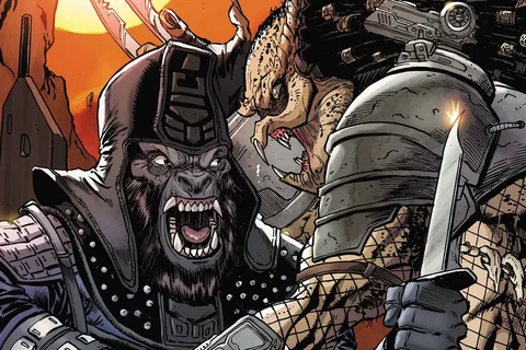 Predator vs. the Planet of the Apes comic cover art with a Yautja facing ape soldiers