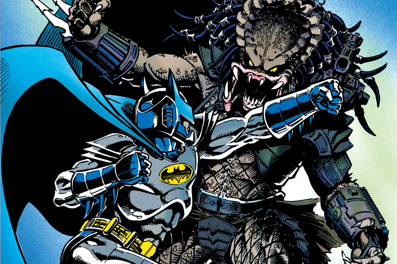 Batman fighting a Predator in Gotham City