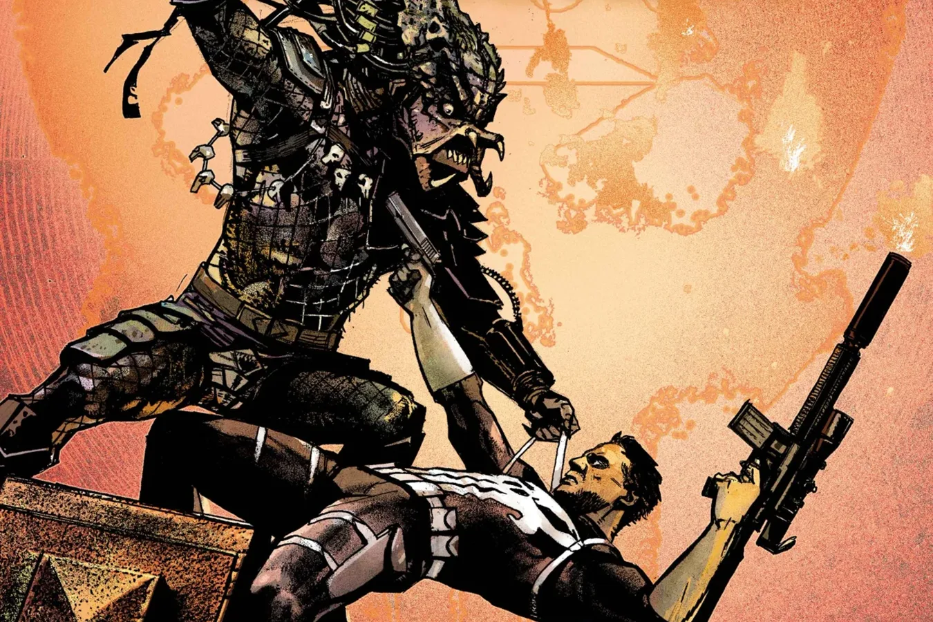 A Predator and the Punisher facing off on a New York rooftop