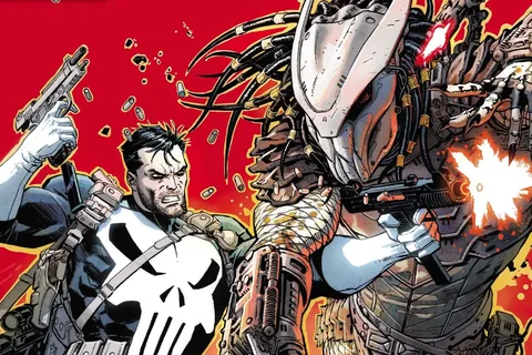 Predator vs. Punisher comic art with a Yautja facing Frank Castle