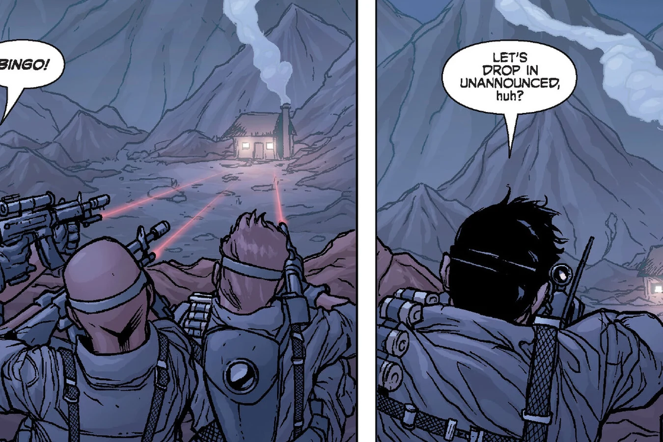 Drake's SEAL team aims laser sights at a lit cabin in the Afghanistan mountains in Predator: Welcome to the Jungle