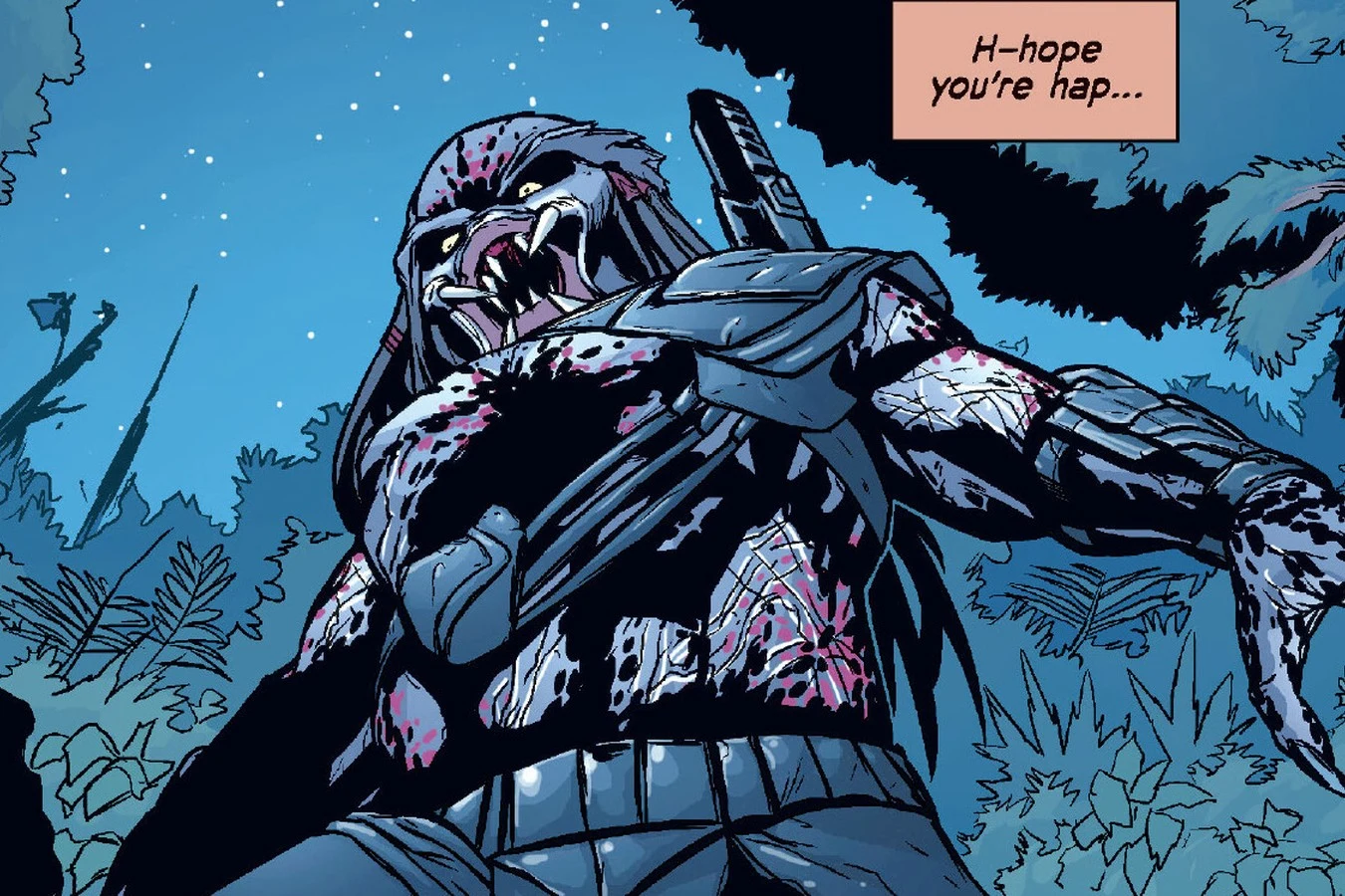 An unmasked, bloodied Berserker Predator roars over fallen Drake at night while Noland watches from a tree in Predator: Welcome to the Jungle