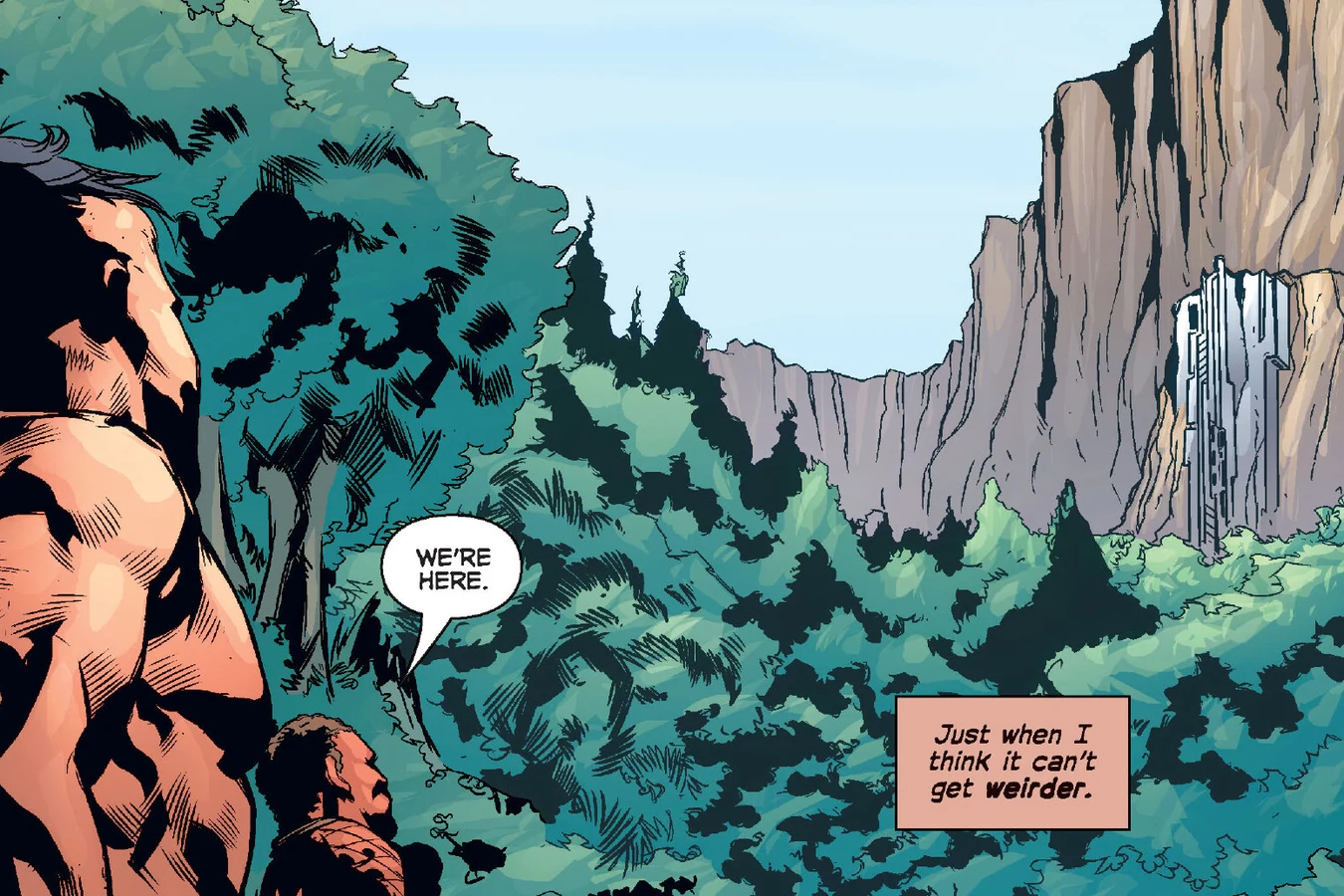 Drake and Noland overlook a white alien drill set into a jungle cliff in Predator: Welcome to the Jungle