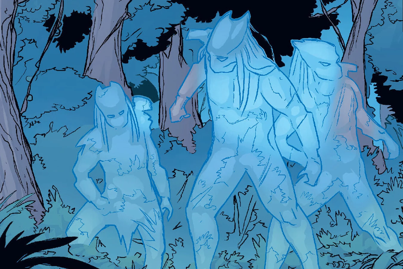 Three cloaked Super Predators shimmer in the blue night jungle as Drake springs his trap in Predator: Welcome to the Jungle