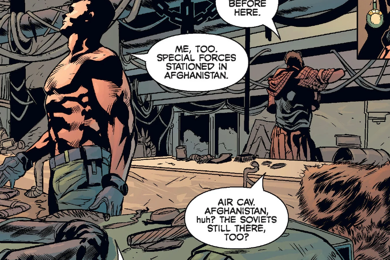 Drake and Noland talk in a scavenged hideout while medallions and dog tags rest in the foreground in Predator: Welcome to the Jungle