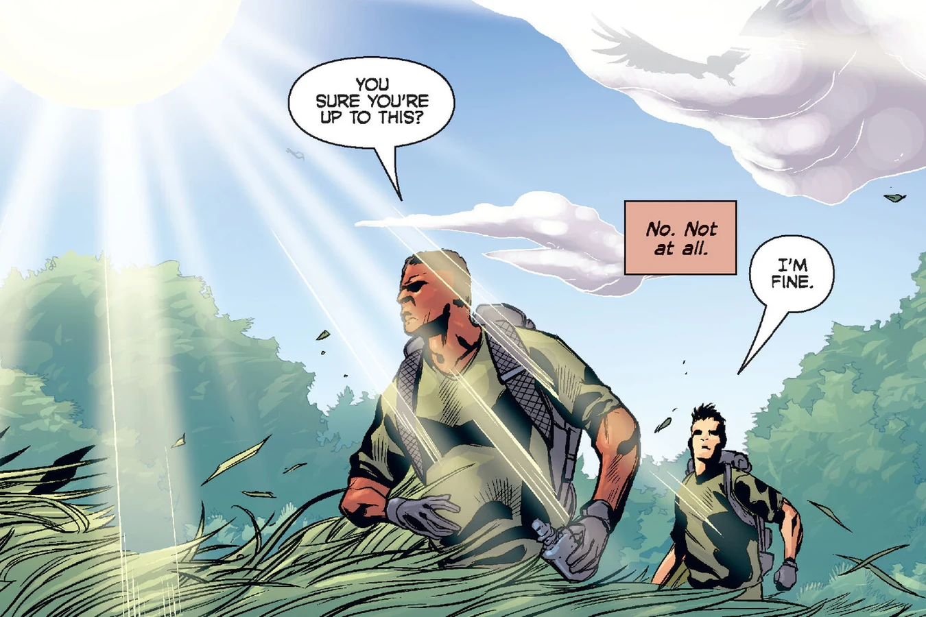 Drake and Noland hike through tall grass under a harsh sun on the Game Preserve Planet in Predator: Welcome to the Jungle