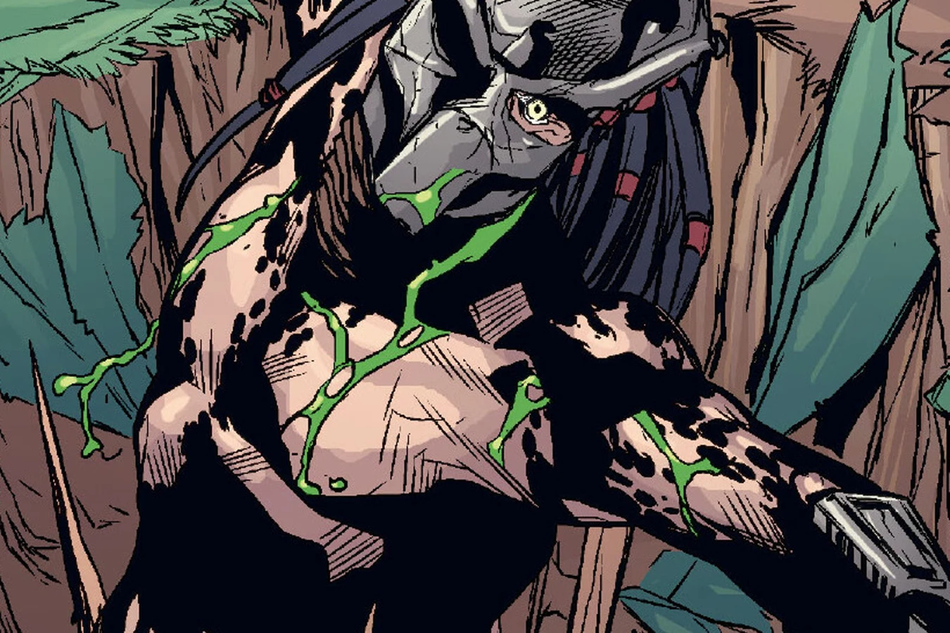 An injured Predator bleeds neon green ichor from a cracked bio-mask after Drake's trap in Predator: Welcome to the Jungle
