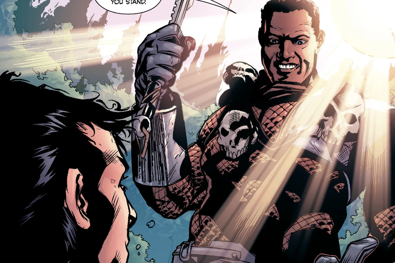 Noland in scavenged trophy armor raises a serrated blade over Drake in the Game Preserve jungle in Predator: Welcome to the Jungle