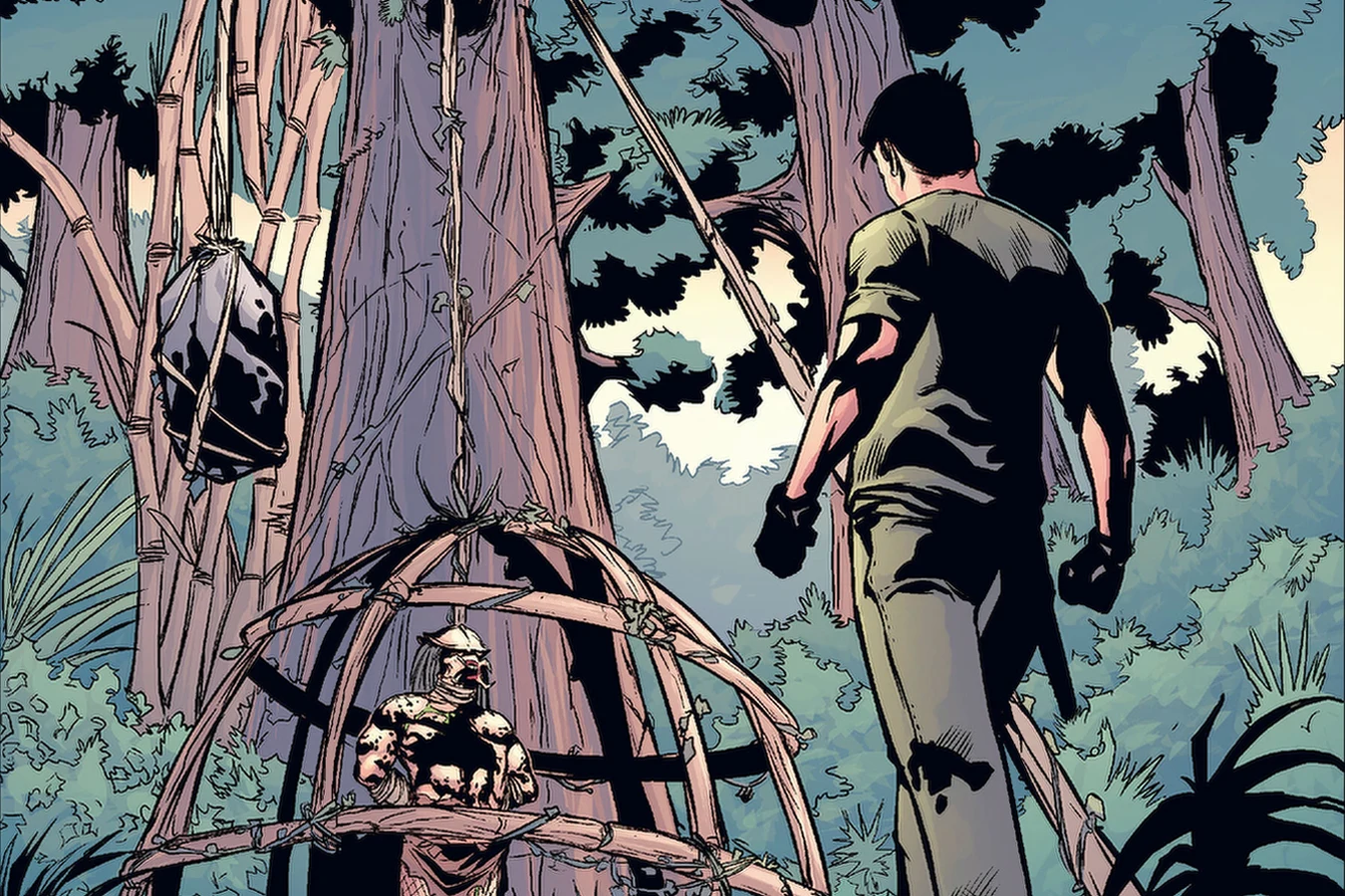 Drake watches a wounded Predator bound inside a wooden vine cage at the base of a jungle tree in Predator: Welcome to the Jungle