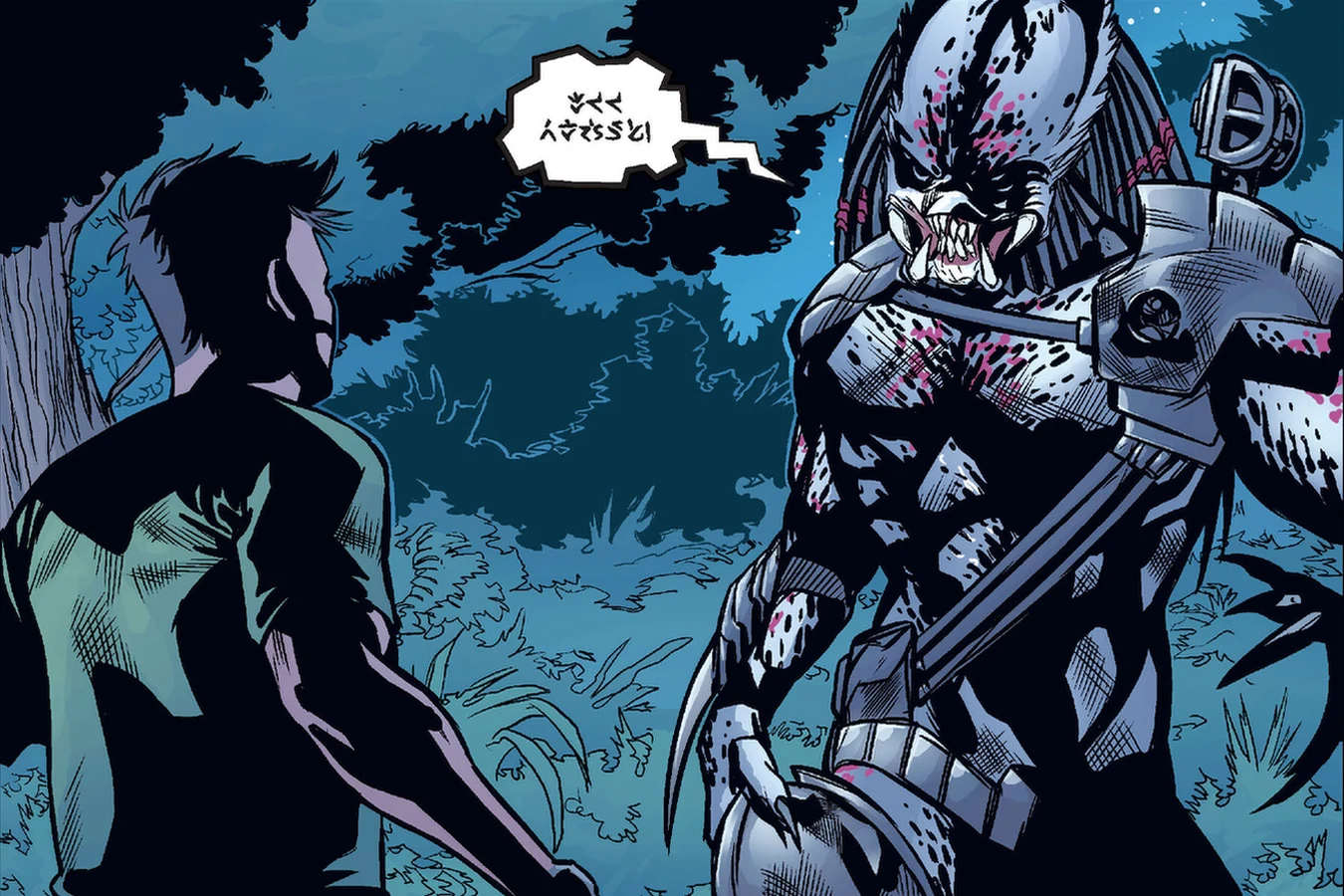 An unmasked Berserker Predator with green blood holds its bio-mask while facing wounded Drake in Predator: Welcome to the Jungle