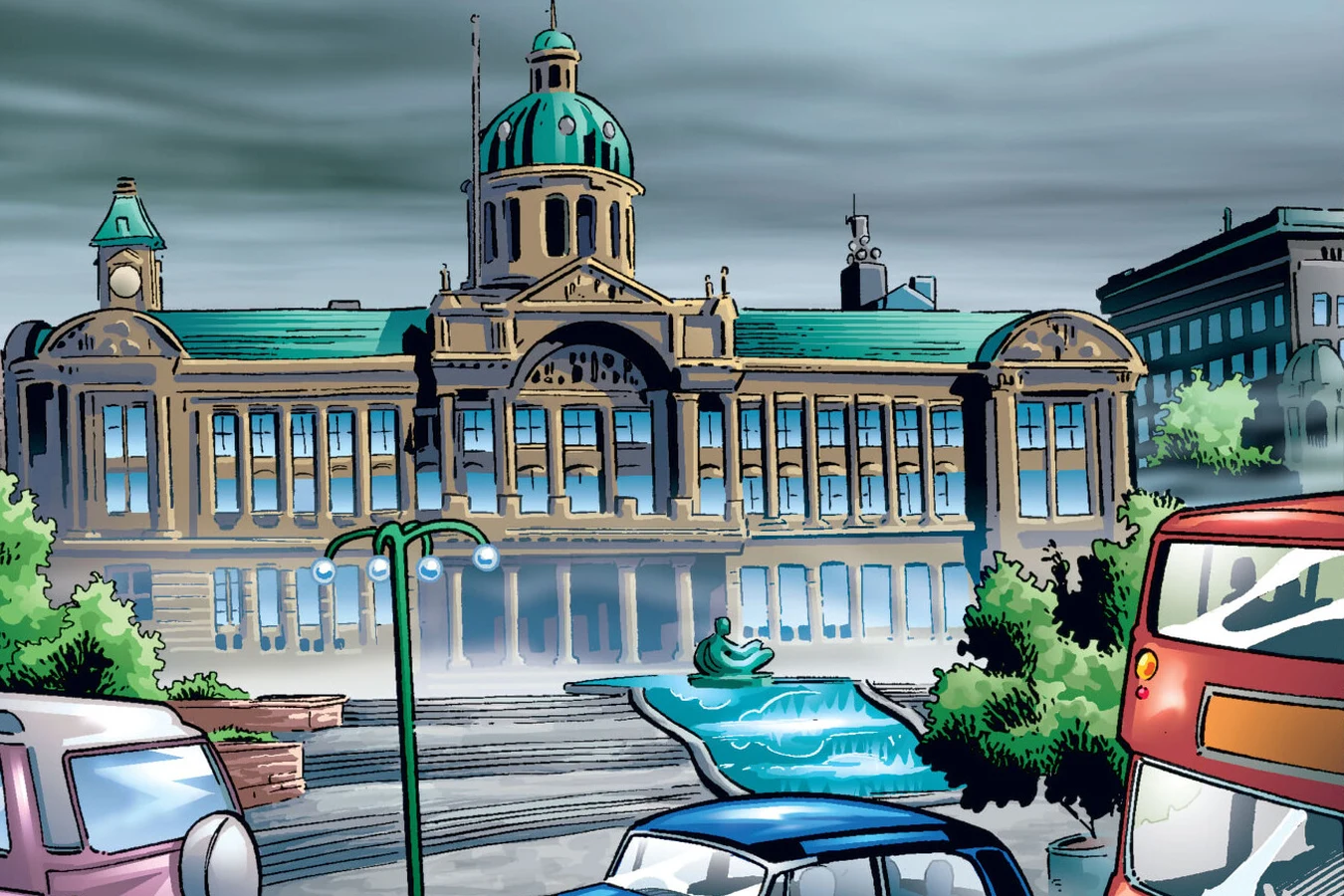 Birmingham's domed capital plaza after London flooded, with street traffic under a sunset sky in Predator: Xenogenesis