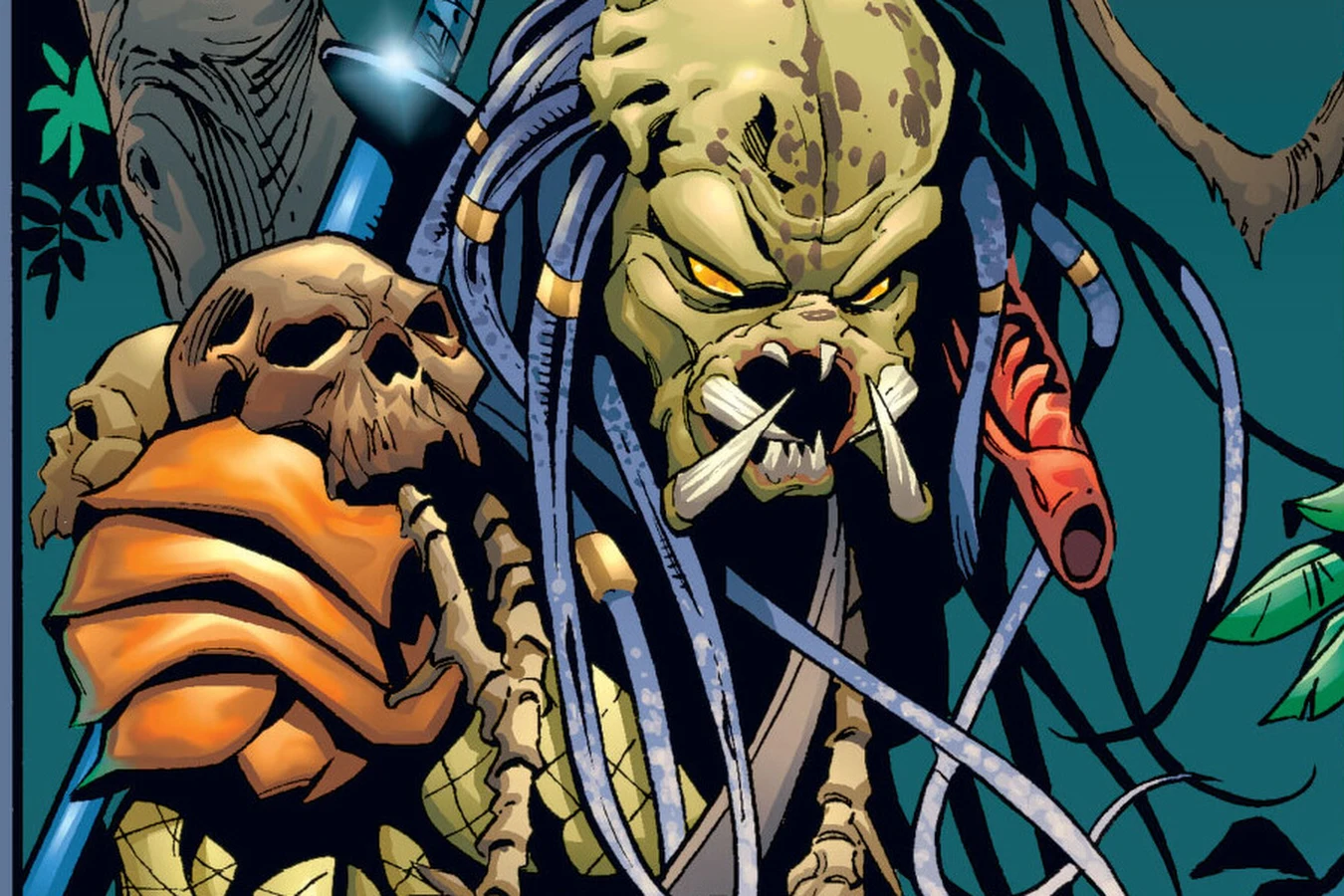The unmasked Old Dragon Predator stands in jungle cover with skull trophies and a sheathed blade in Predator: Xenogenesis
