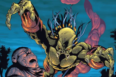 Mel Rubi's cover for Predator: Xenogenesis #4, with an unmasked Predator lunging at Subotai and his sword