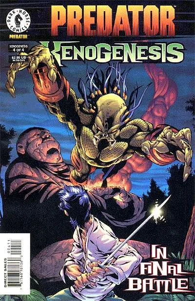 Mel Rubi's painted cover for Predator: Xenogenesis #4 (November 1999), with an unmasked Predator lunging at Subotai and his sword