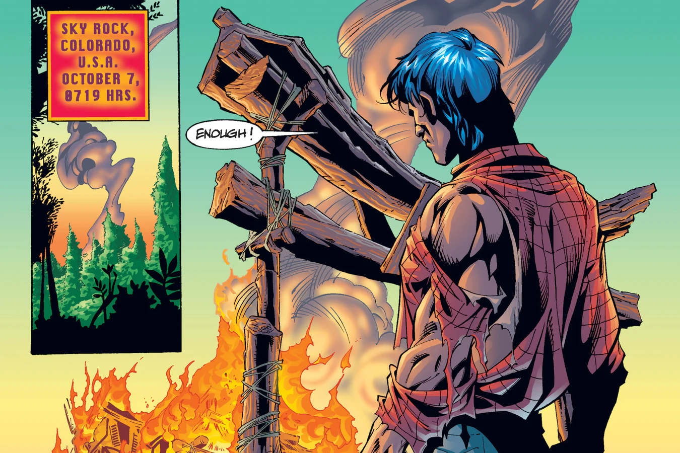 Subotai in a torn red shirt stands before a burning cabin near Sky Rock, Colorado in Predator: Xenogenesis