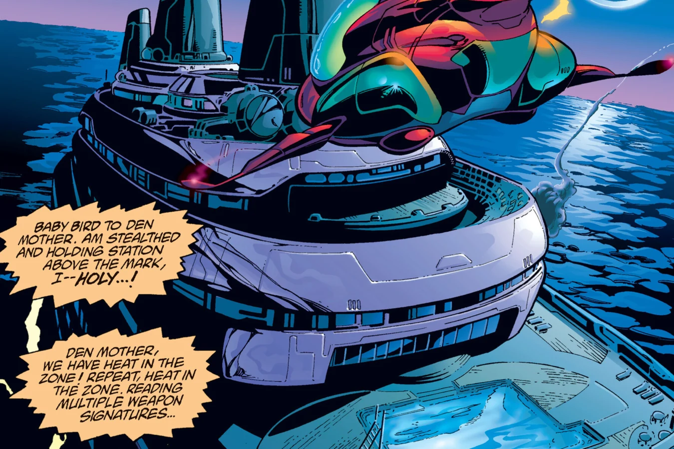 A stealth aircraft holds station over a lit luxury yacht in the South China Sea at night in Predator: Xenogenesis
