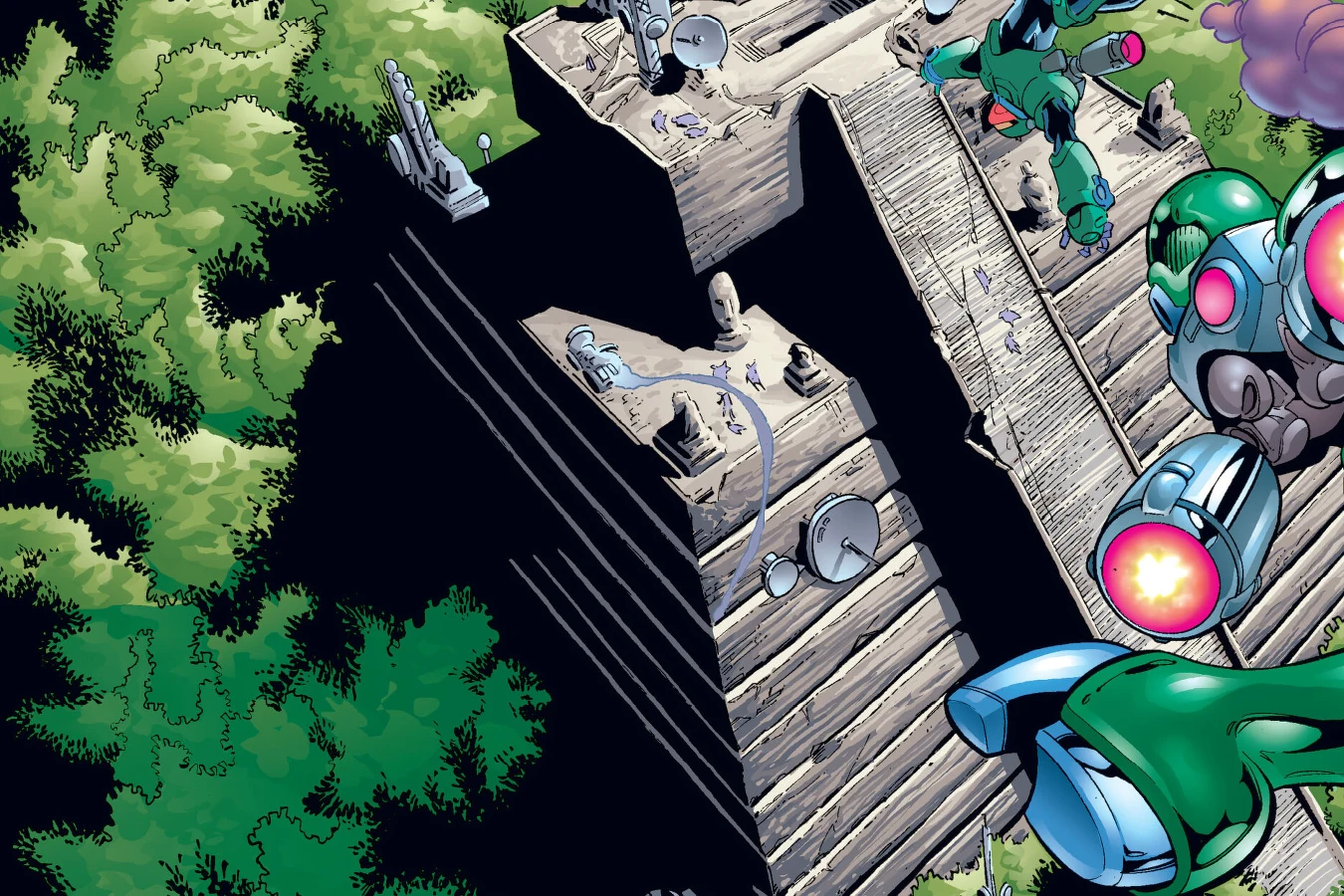 A Spearhead Blade in green power armor drops toward a jungle pyramid listening post in Predator: Xenogenesis