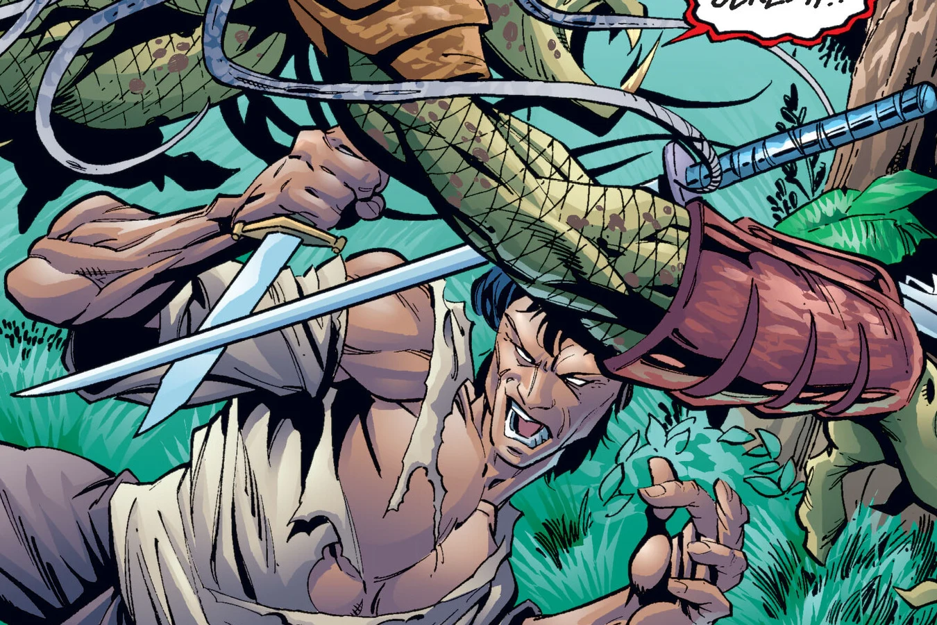 Subotai duels the unmasked Old Dragon Predator with a sword in jungle ruins in Predator: Xenogenesis