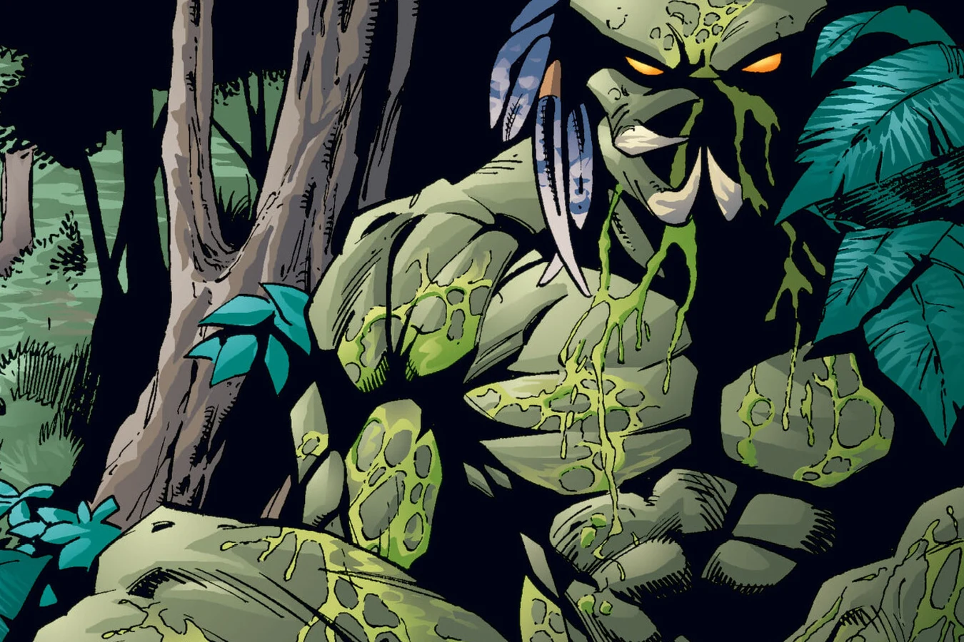 A wounded unmasked Predator with green blood on its face lies in dark jungle in Predator: Xenogenesis