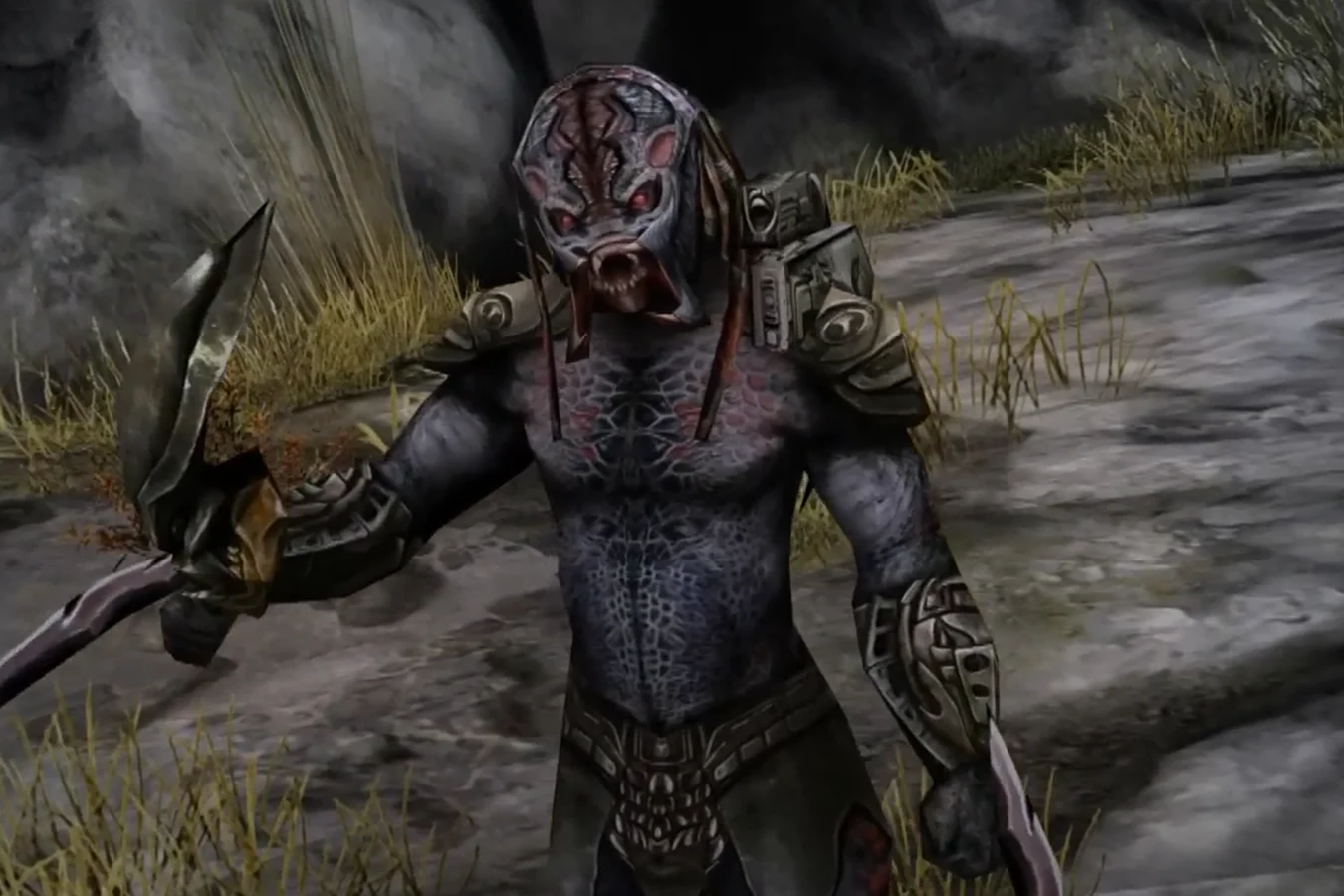 An unmasked Predator with a glaive in the Predators Android game