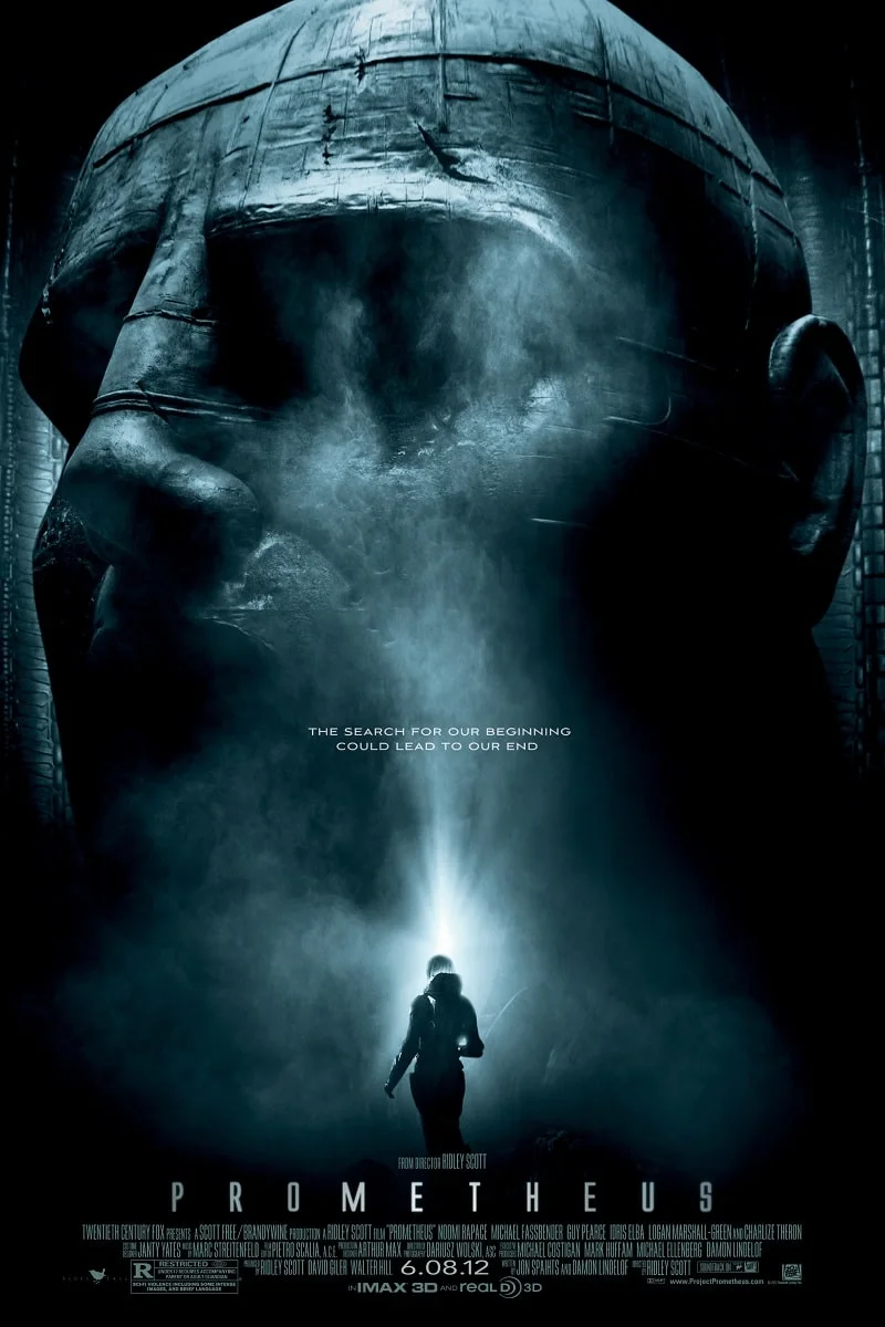 Prometheus movie poster featuring the Engineer head statue and ship interior