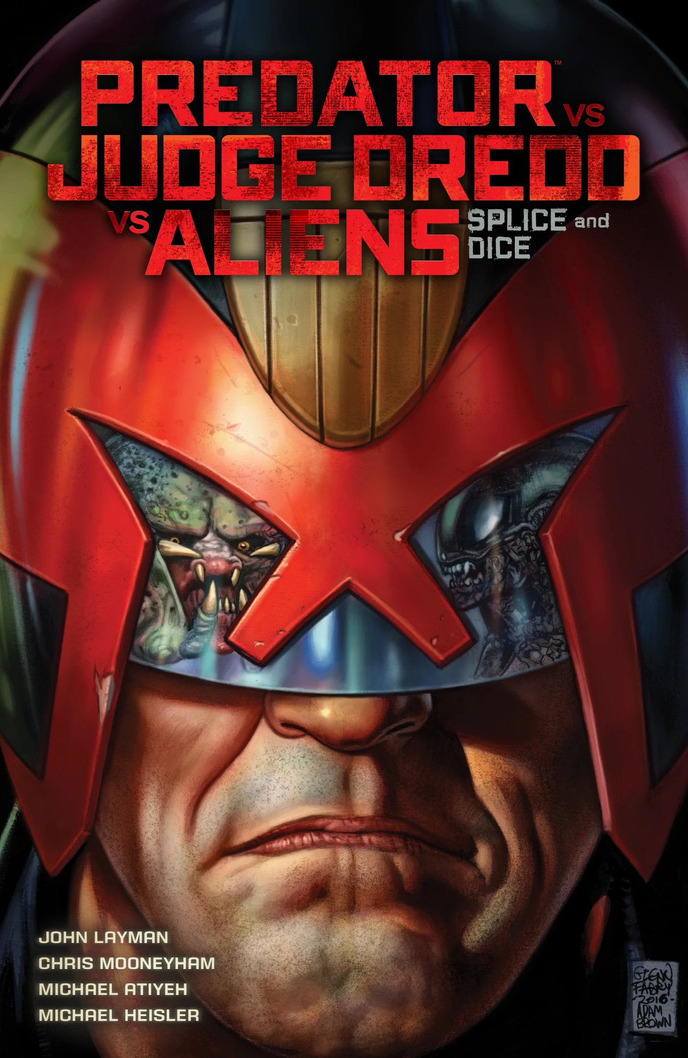 Glenn Fabry's cover for Predator vs. Judge Dredd vs. Aliens: Splice and Dice, a Predator and an Alien reflected in Judge Dredd's visor