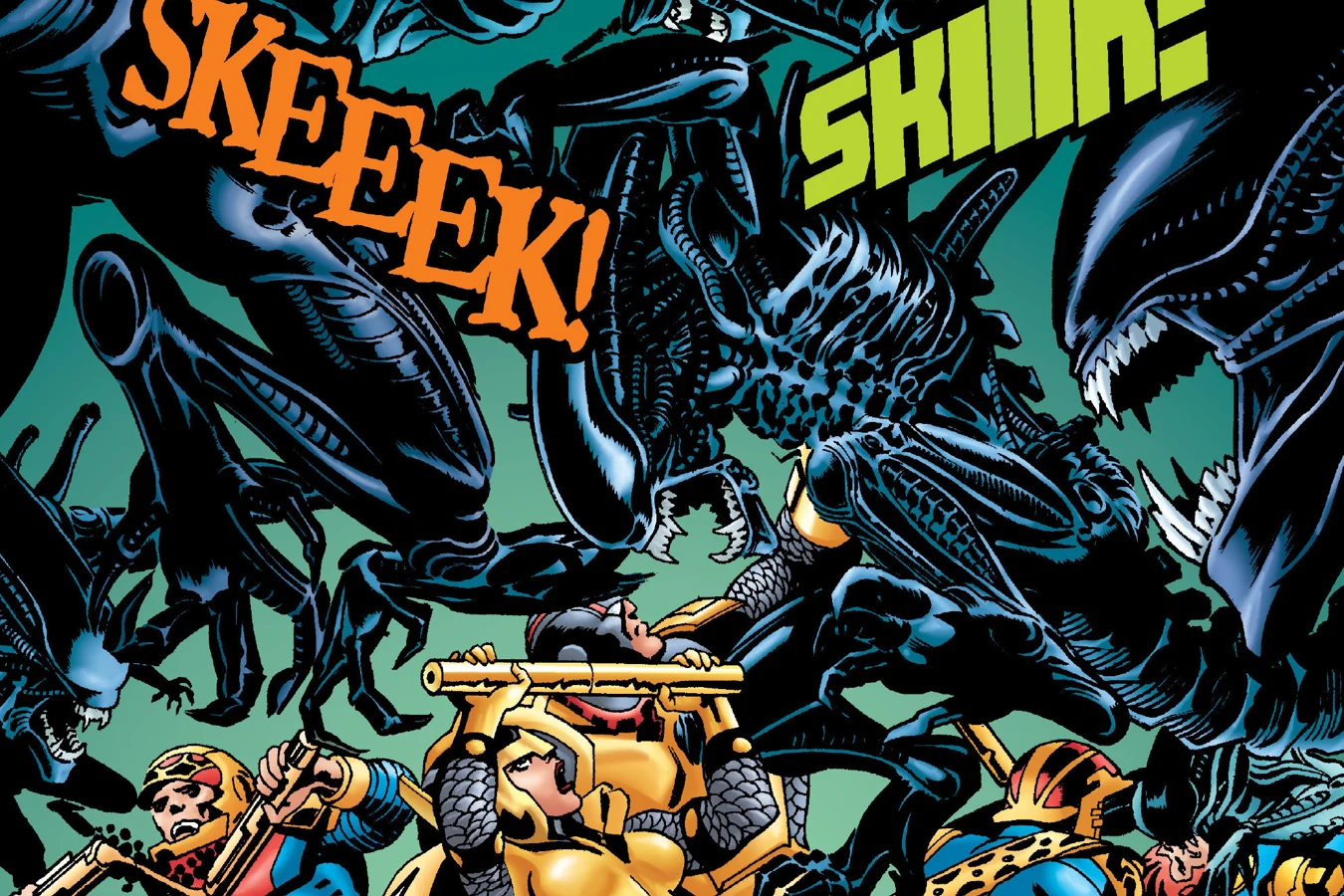 Big Barda raising her Mega-Rod as a swarm of Xenomorphs drops on her warriors in Superman vs. Aliens II: God War