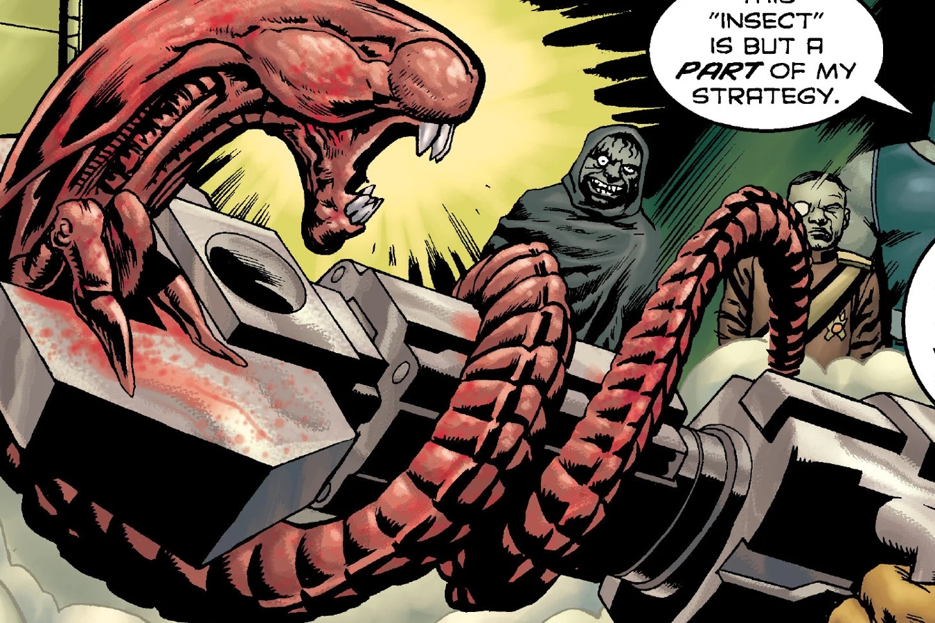 A newborn Chestburster pinned in a clamp as Darkseid, Desaad and Vundabar look on in Superman vs. Aliens II: God War